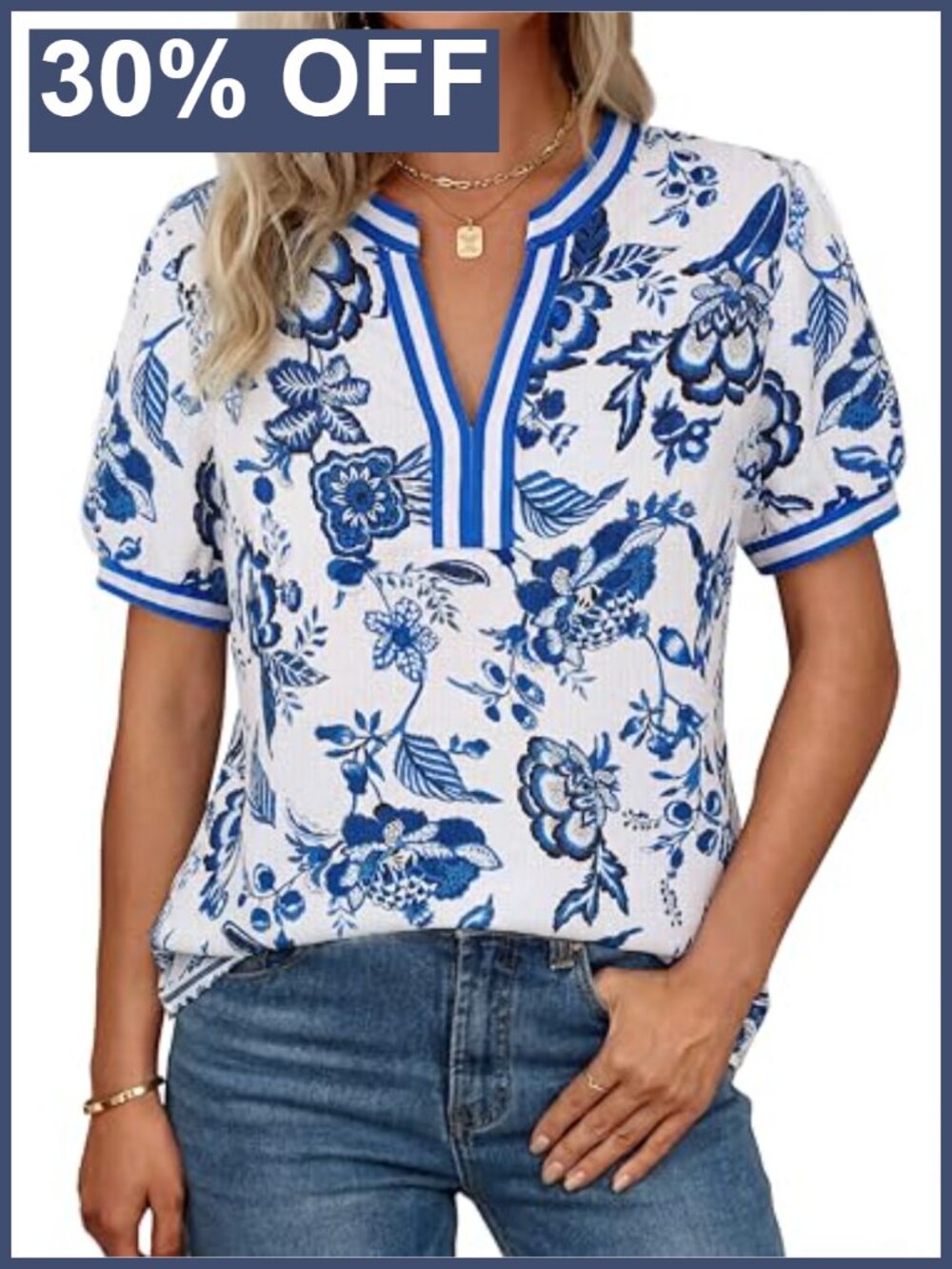 Women Boho Floral Top V-Neck Puff Short Sleeve Dressy Casual Blouse
